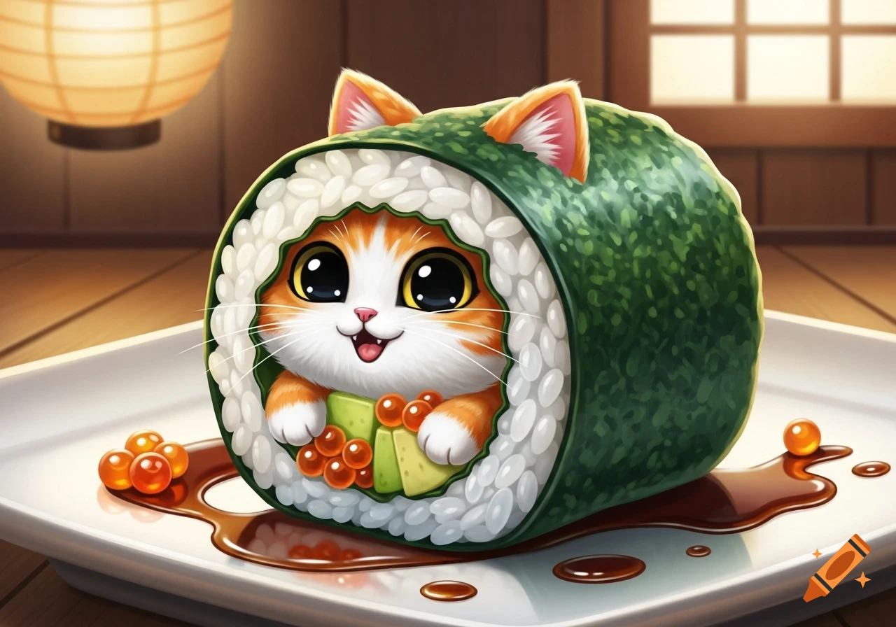 A cute, happy cartoon cat with big eyes is the filling of a sushi roll, served on a white plate with soy sauce and roe.