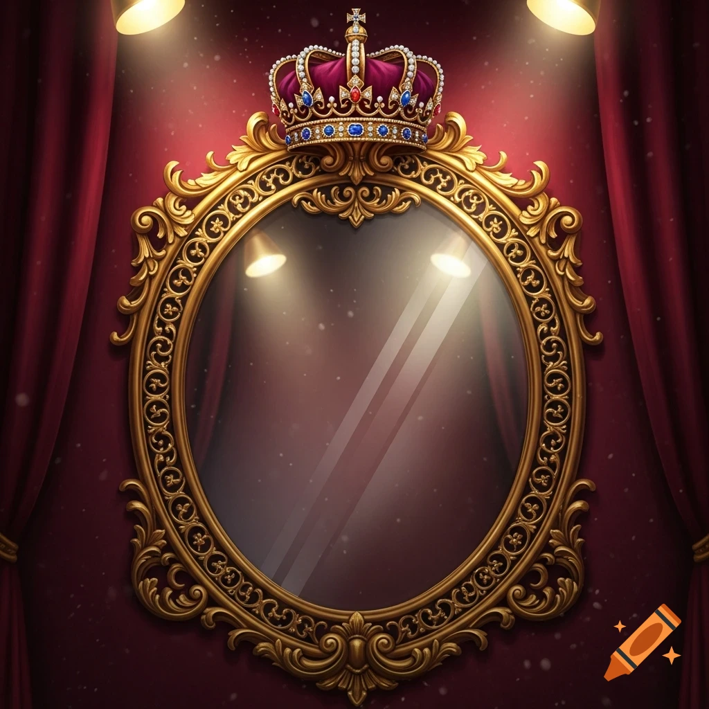 A gold ornate oval mirror with a jeweled crown on top, set against luxurious red velvet curtains under spotlights.