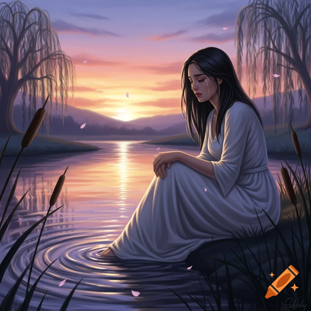 A woman with long dark hair sits by a lake at sunset, her foot in the water, crying with tears visible on her face. Pink petals float on the water and in the air.