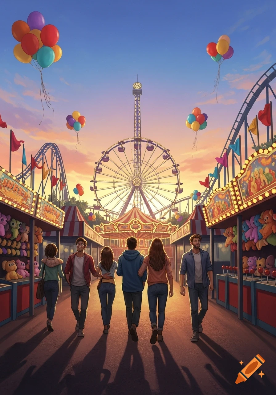 An illustration of a group of friends walking through an amusement park at sunset, with a Ferris wheel, roller coaster, and game stalls.