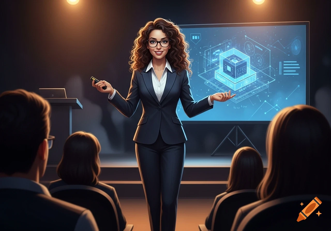A smiling woman with curly hair and glasses in a business suit presents on a stage with a data visualization screen behind her to an audience.