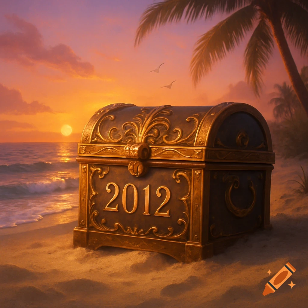 A decorative treasure chest with the year '2012' on its front, sitting on a sandy beach at sunset, with ocean waves and palm trees.