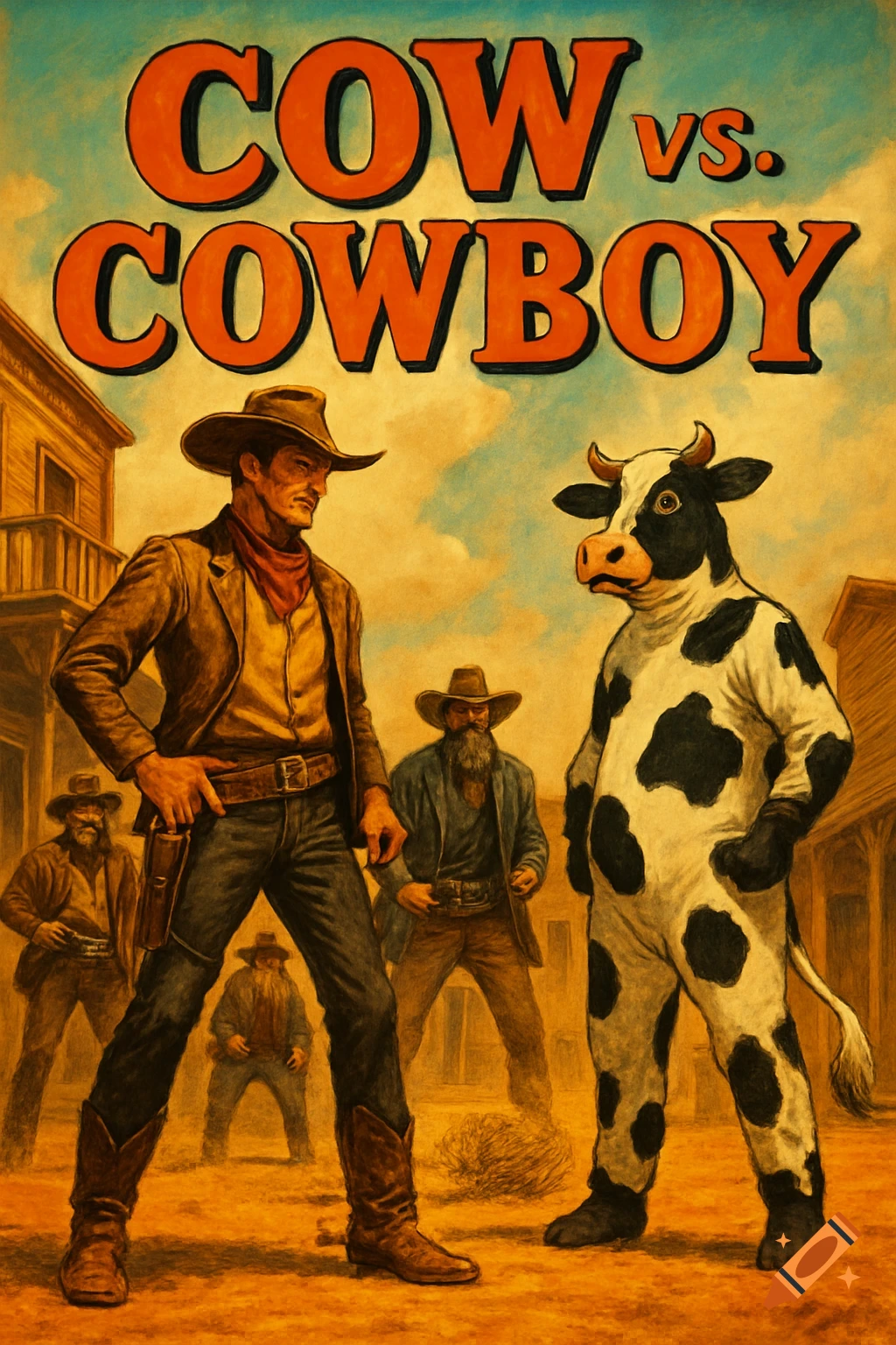Vintage Western movie poster showing a cowboy facing a man in a cow costume in a dusty town, with text "COW vs. COWBOY".