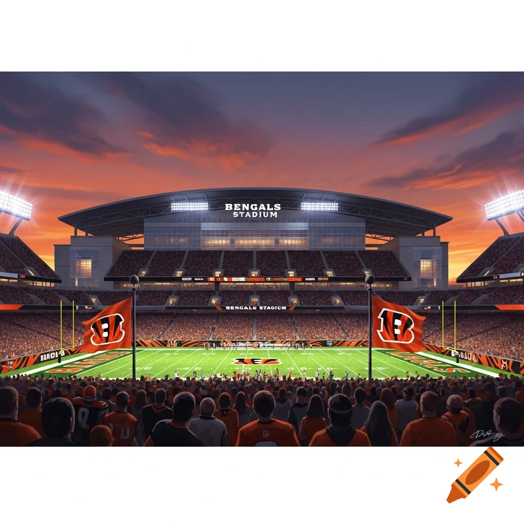 A vibrant illustration of Bengals Stadium at sunset, packed with fans, with the football field visible below.