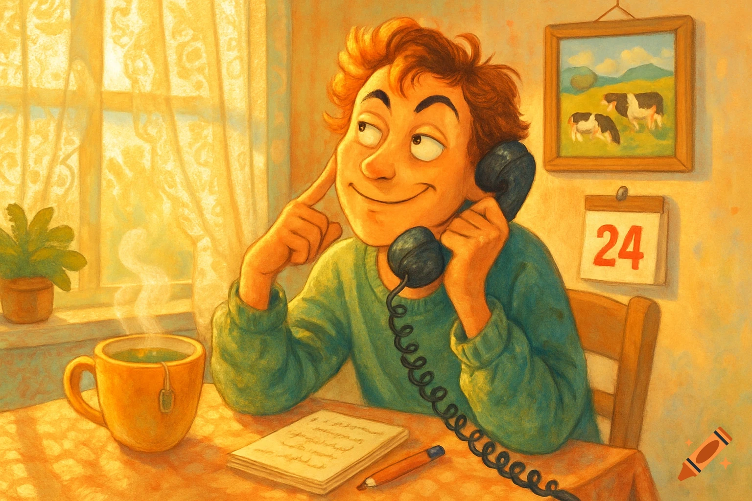 A cartoonish man with red hair in a green sweater smiles while holding a retro phone to his ear, sitting at a table with tea and a notepad.