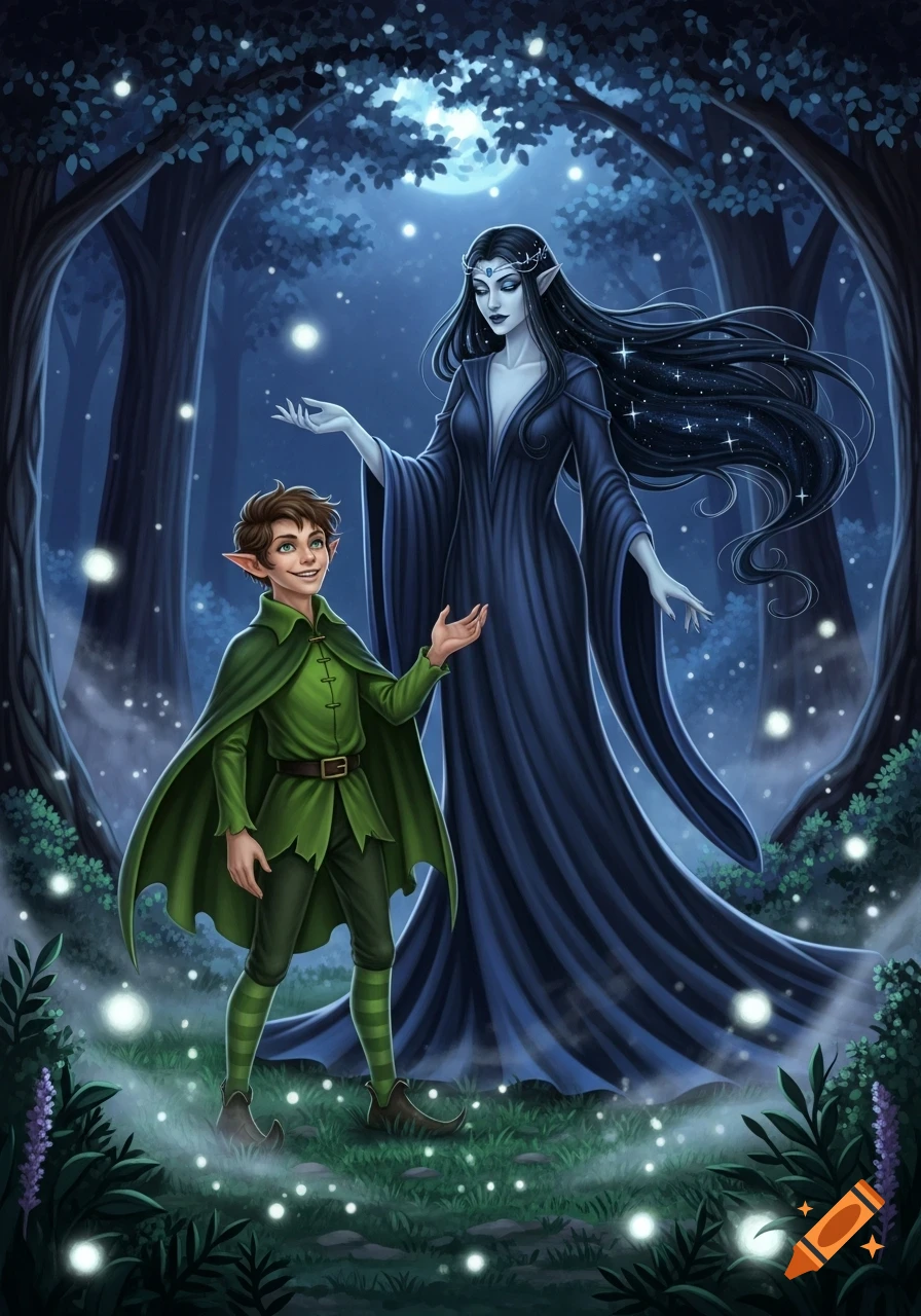 An elf boy and a dark-robed woman in a mystical forest with glowing lights under a full moon, fantasy art.