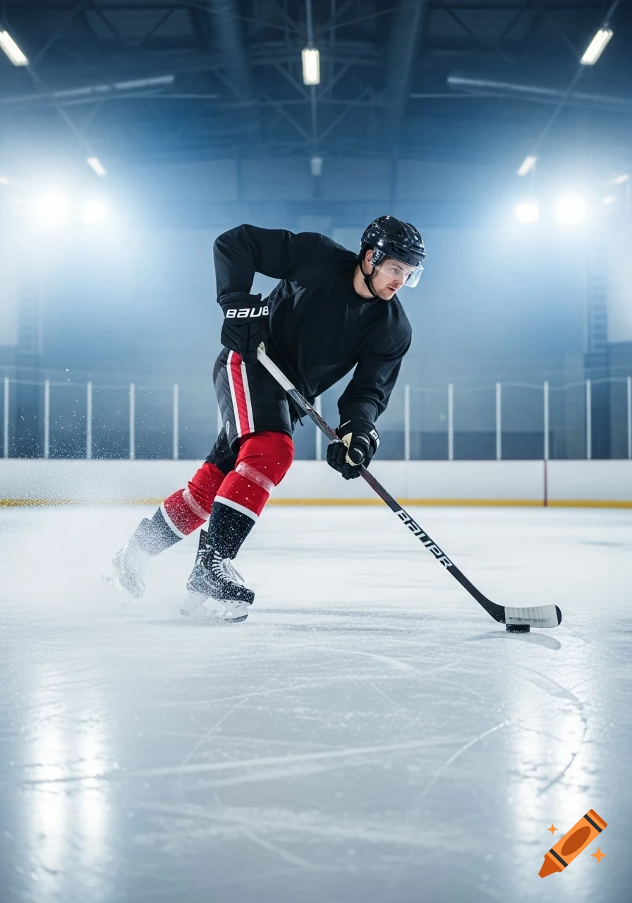 Photorealistic hockey player in black and red uniform skating on an ice rink with a stick and puck, under bright arena lights.