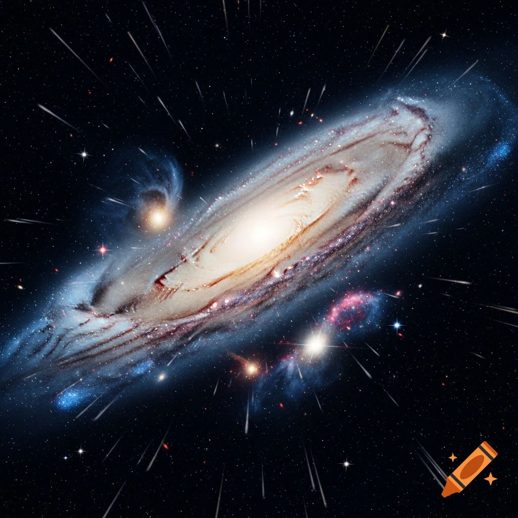 A vibrant spiral galaxy with a bright core, surrounded by stars and streaks of light against a dark cosmic background.