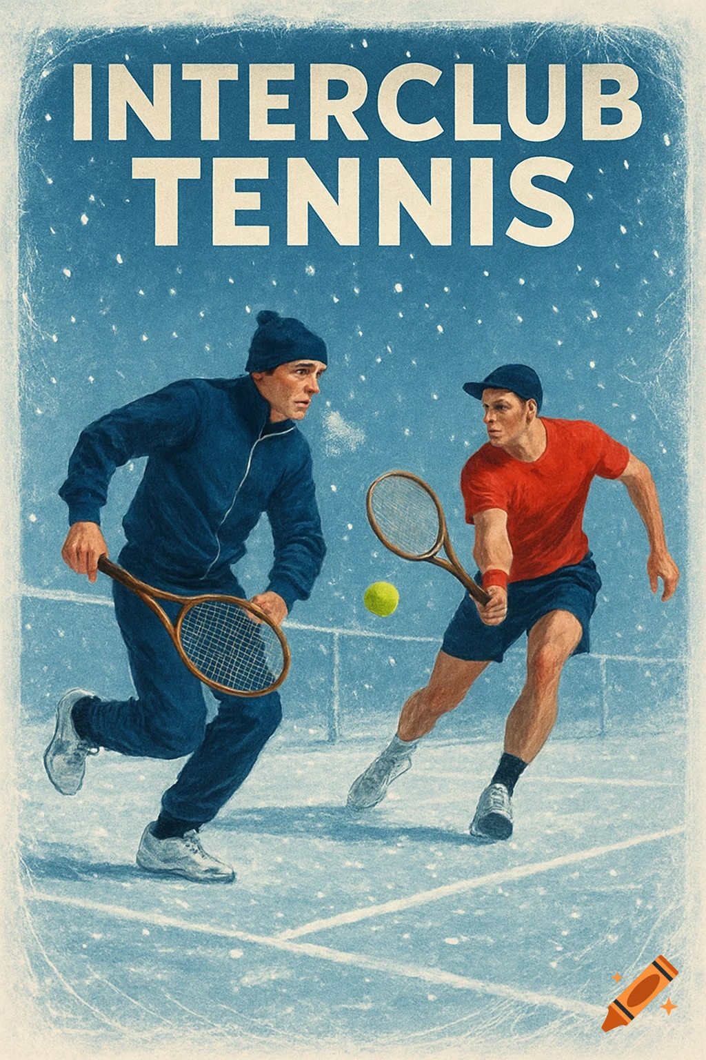 Vintage poster of two men playing tennis on an icy court in winter, with 'INTERCLUB TENNIS' text above.