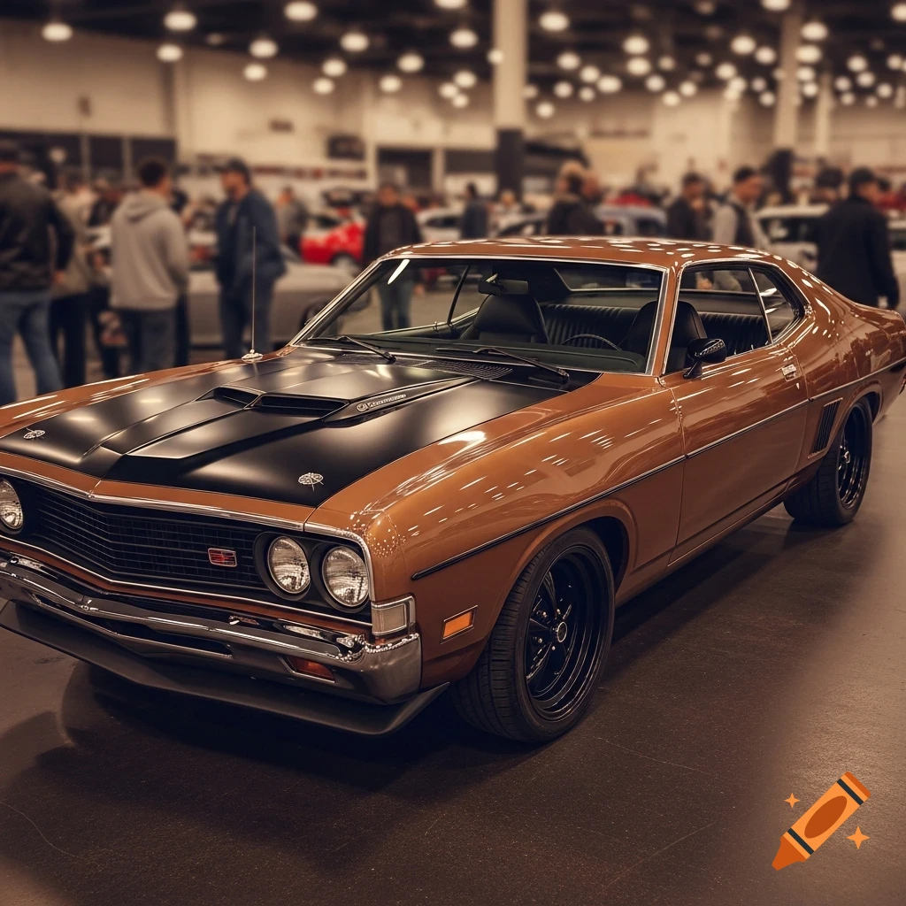 A photorealistic image of a vintage hazelnut brown and black Ford muscle car with matte black trim, on display at an indoor car show.