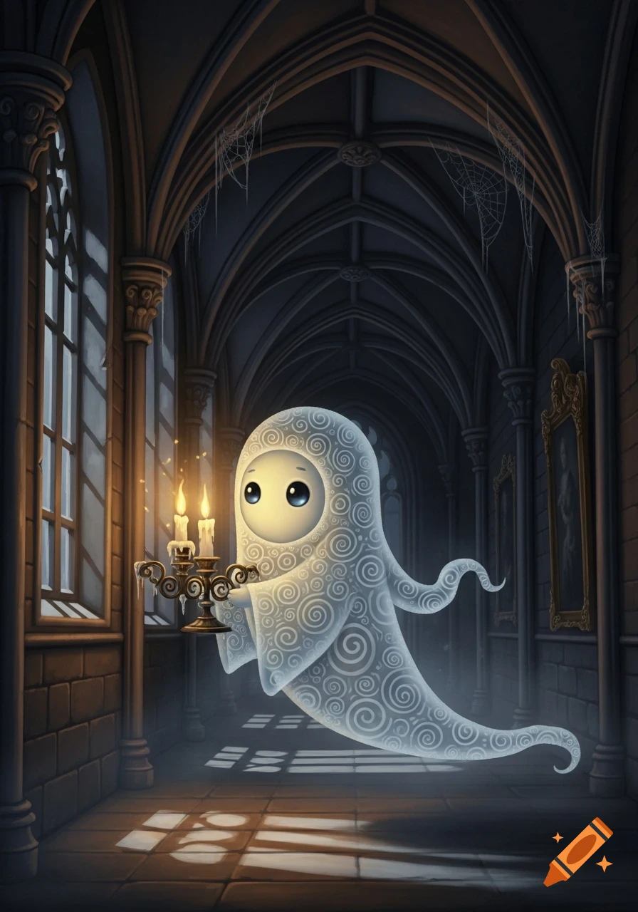 A cute, stylized ghost with swirly patterns holds a lit candelabra, floating in a dark gothic hallway with windows and arched ceilings.