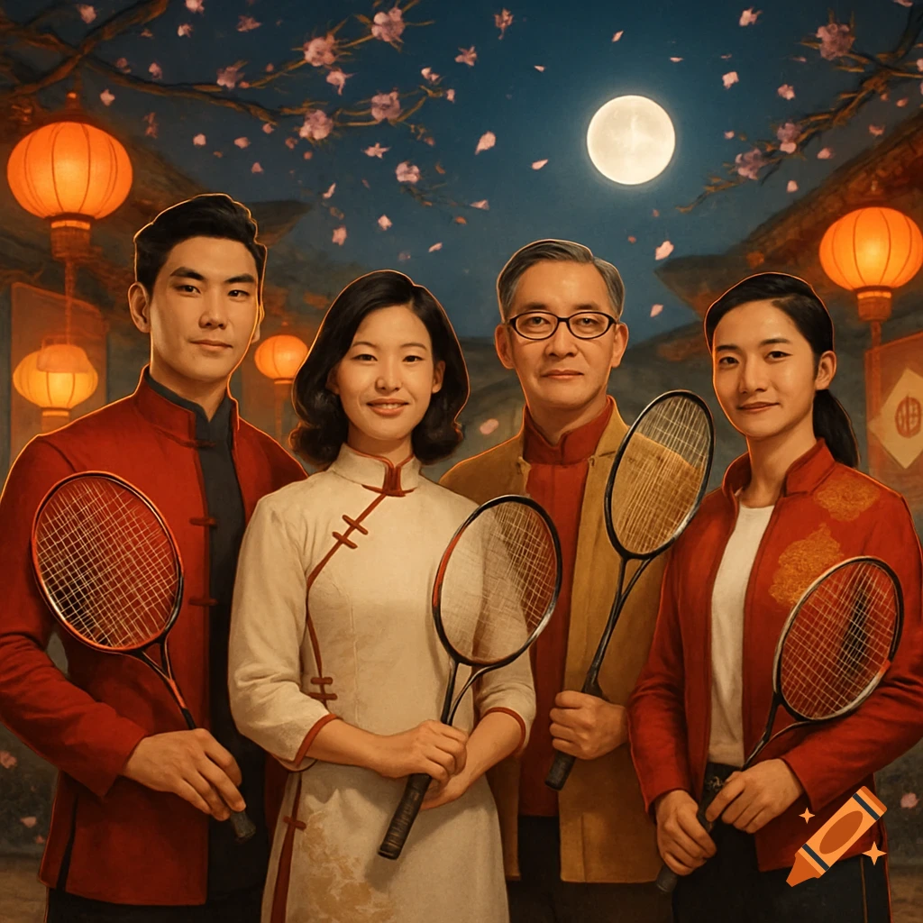 Four Asian people in traditional-style clothing hold badminton rackets under a full moon with lanterns and cherry blossoms, for a New Year's celebration.