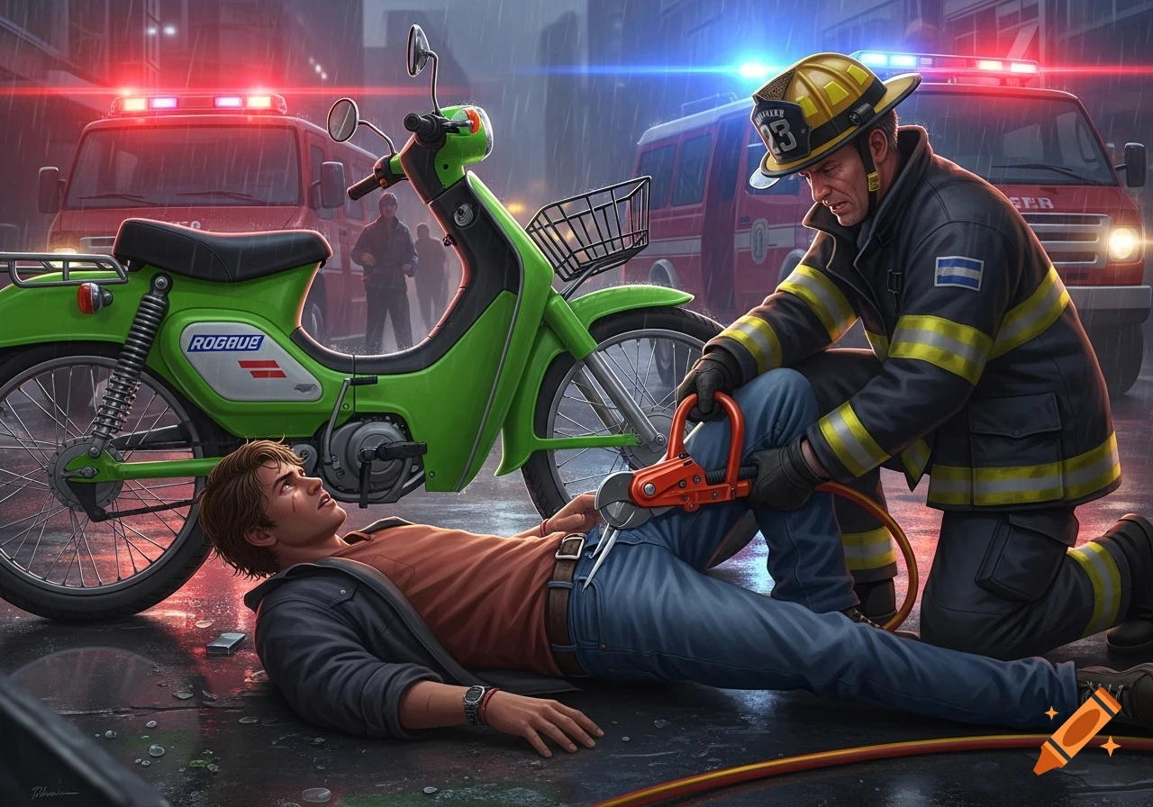 A firefighter cuts the jeans of an injured man lying next to a green motorcycle on a rainy street with emergency vehicles in the background.