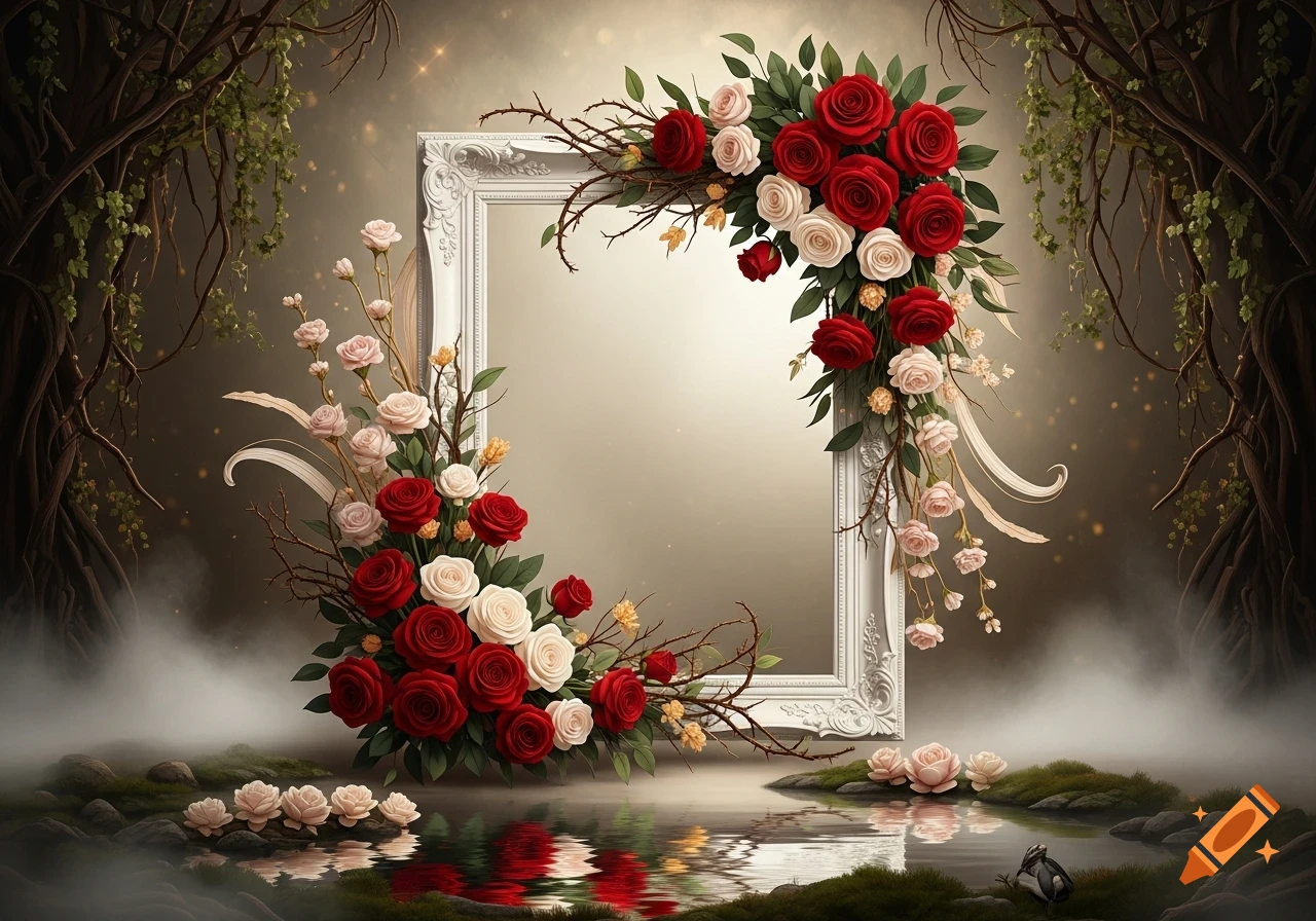 A white baroque frame adorned with red and white roses, branches, and vines, reflected in a misty pond in a mystical forest.