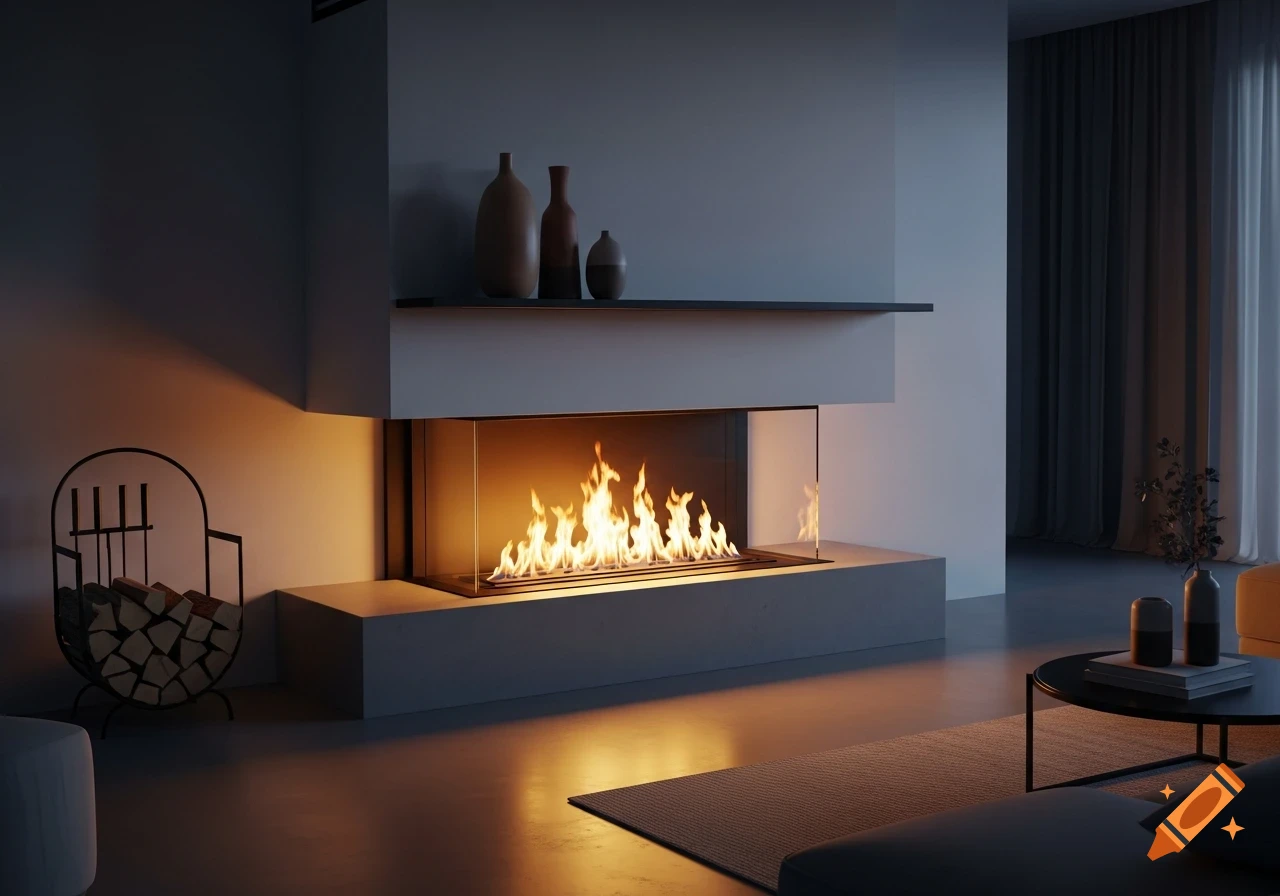 A modern living room with a sleek, minimalist fireplace encased in glass, casting a warm glow on the floor and walls.