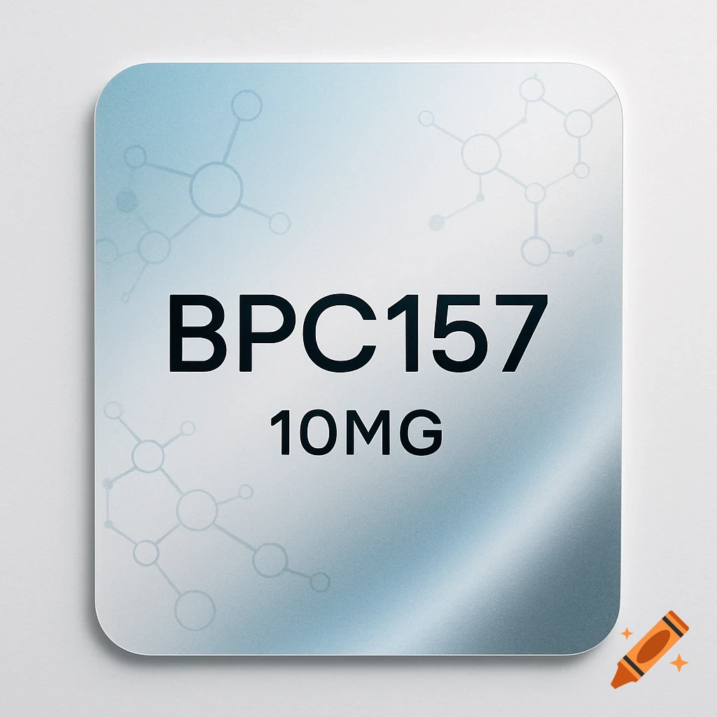 A white and light blue gradient label featuring the text "BPC157" and "10MG" with faint molecular structures in the background.