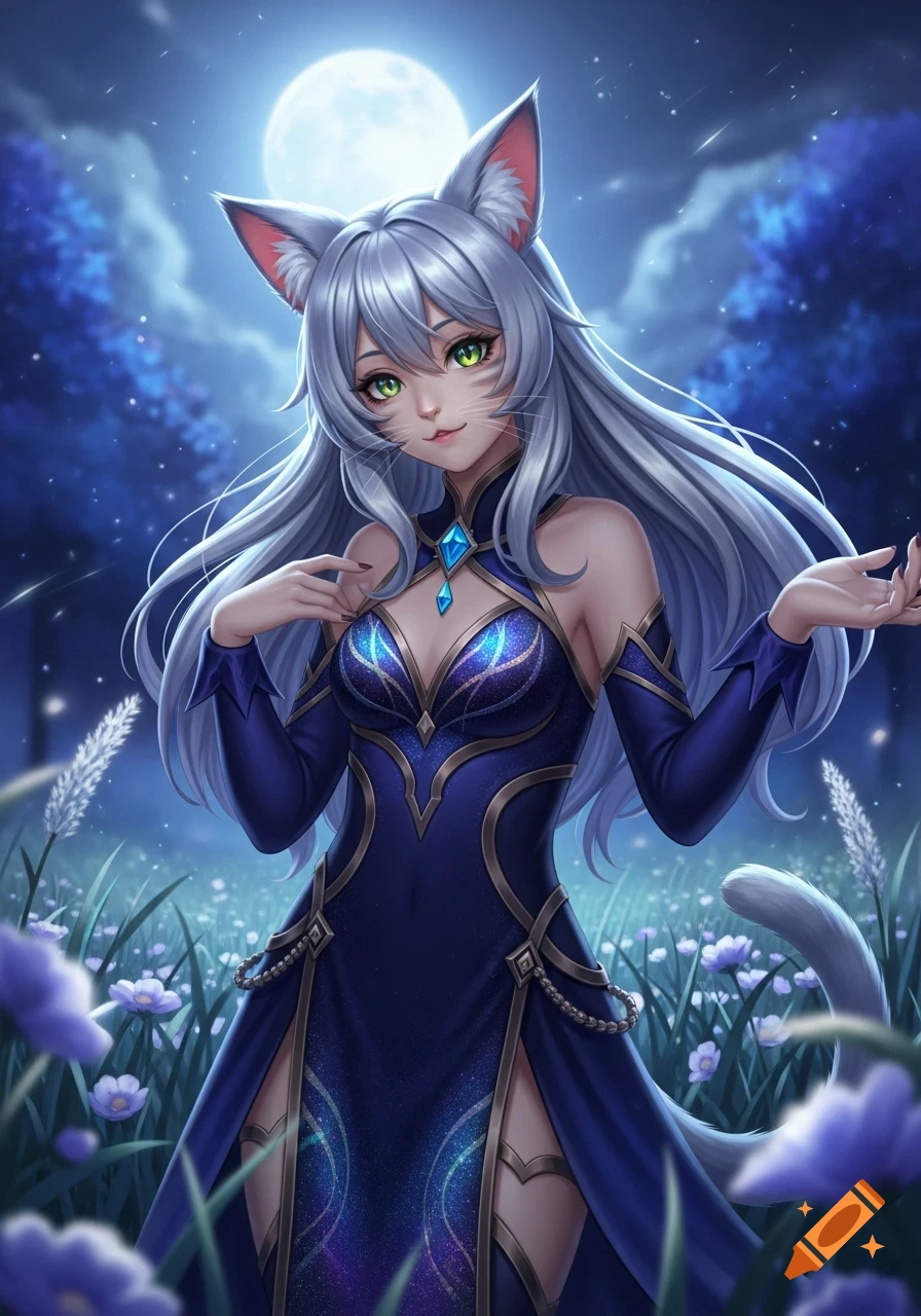 A detailed anime catgirl with silver hair, green eyes, and a blue dress stands in a moonlit field with blue flowers.