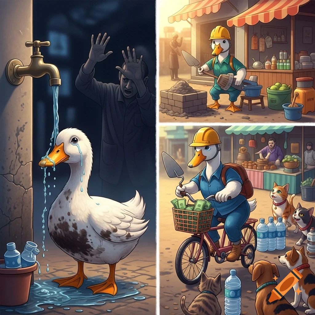 A four-panel cartoon illustration depicting a sad duck crying under a faucet, then working as a construction worker, and finally delivering water on a bicycle to cats and dogs.