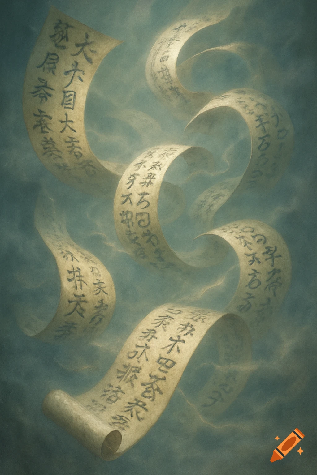 Floating ancient scrolls with illegible Japanese-like text against a misty, ethereal blue-green background.
