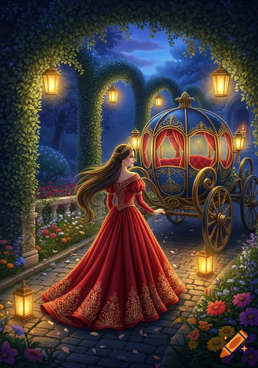 Princess in red gown with gold trim stands beside a blue fairytale carriage in a magical, lamp-lit garden at dusk, detailed digital art.