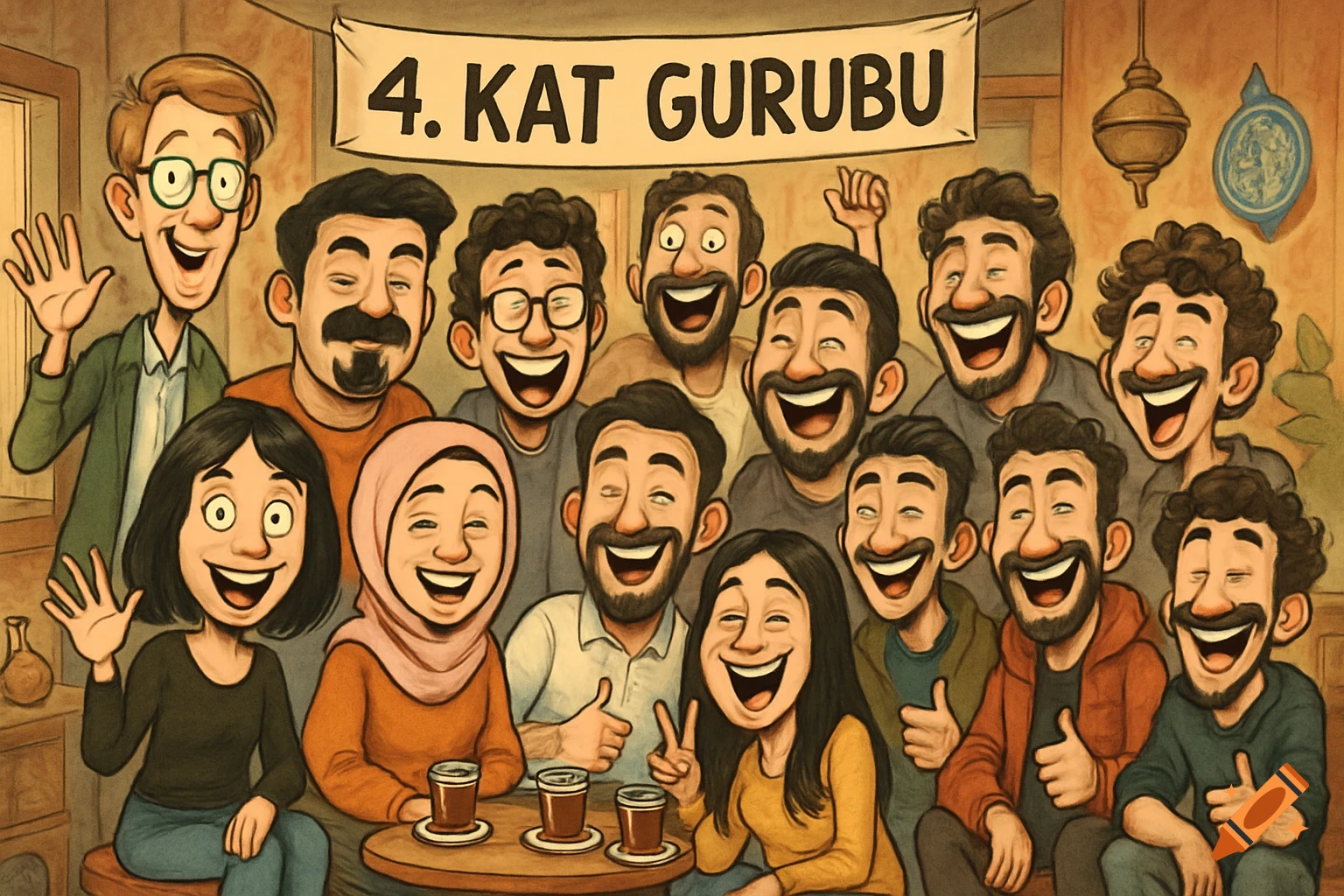 A cartoon group of 14 diverse young adults laughing and giving thumbs up, with some drinking tea, beneath a banner that reads '4. KAT GURUBU'.