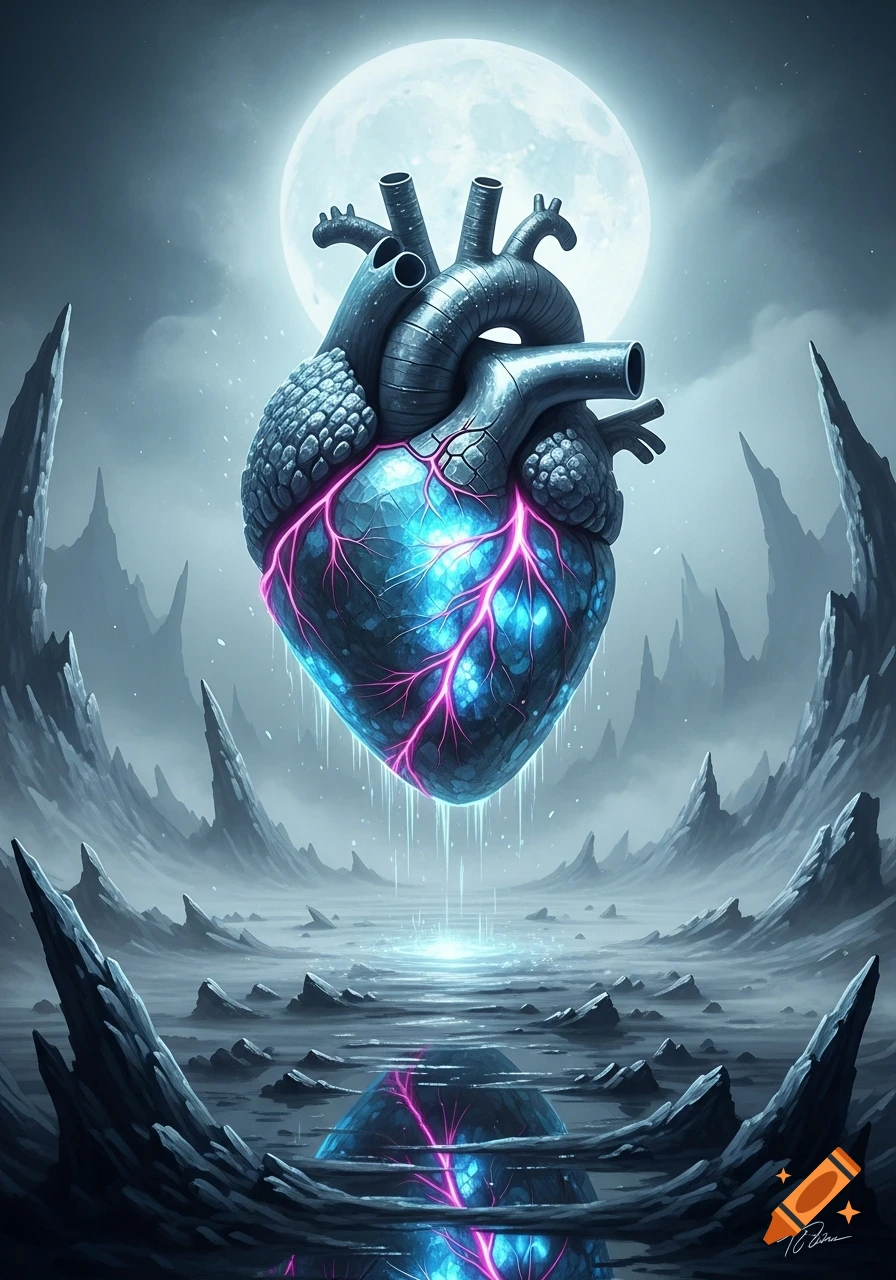 A large, stylized mechanical heart with glowing blue and pink veins floats over a reflective alien landscape under a full moon, digital art.