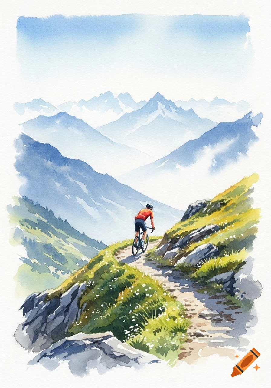 Watercolor painting of a cyclist on a winding mountain path overlooking misty blue mountains.
