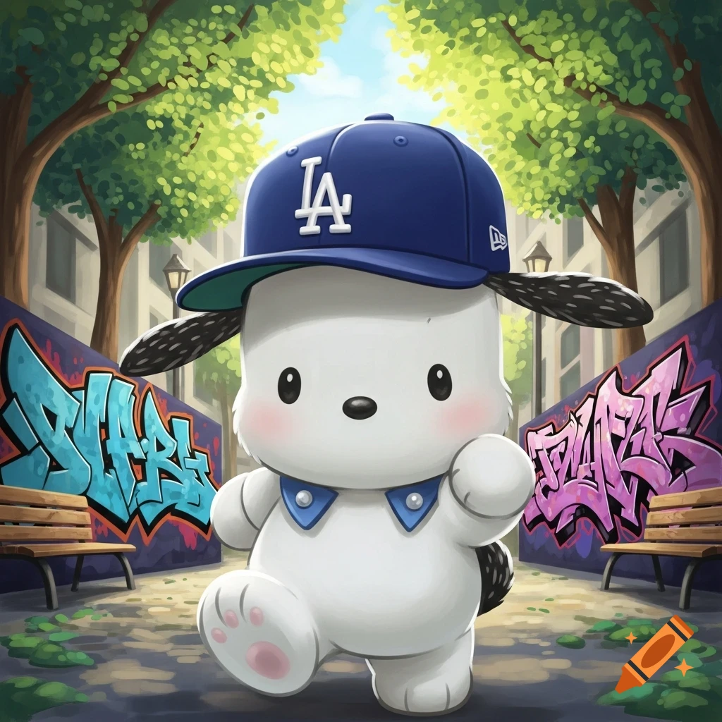 Cute cartoon Pochacco character wearing a blue LA baseball cap and bow tie, walking on an urban path with graffiti walls.