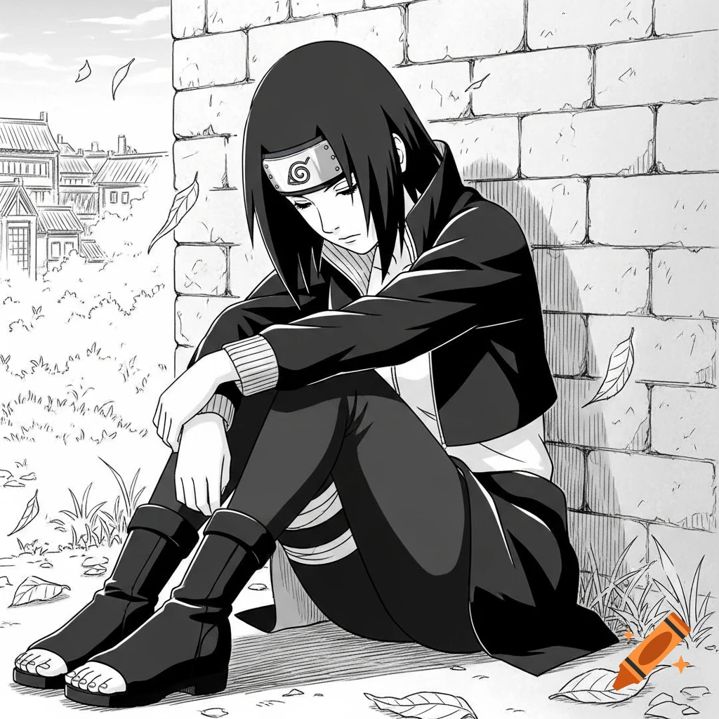 A pensive young woman with black hair and a Leaf Village headband sits on the ground against a brick wall, surrounded by fallen leaves, in a monochromatic manga art style.