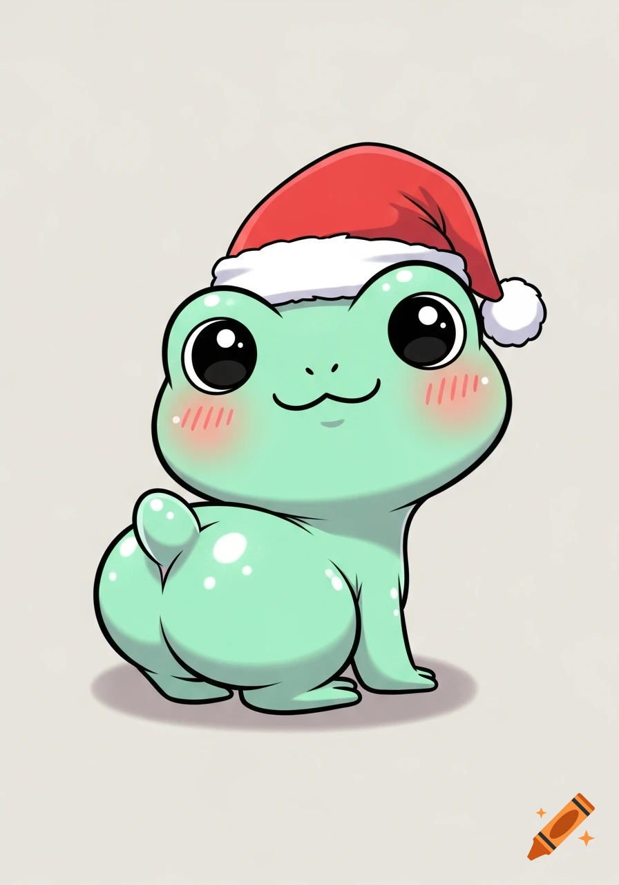 A cute, blushing cartoon frog with a prominent backside wears a Santa hat and looks over its shoulder.