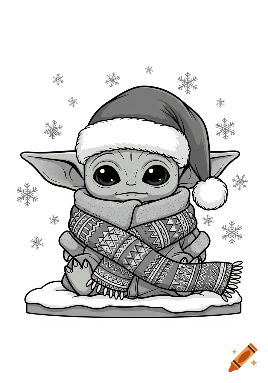 Kawaii Baby Yoda wearing a Santa hat and a patterned scarf, sitting in snow with snowflakes falling, black and white illustration.