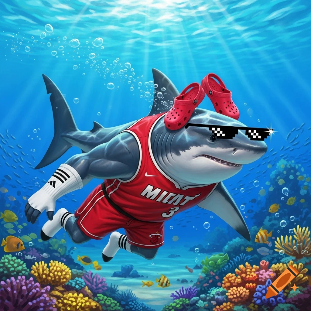 A muscular, anthropomorphic shark in a red basketball jersey, black pixel sunglasses, and white Adidas-striped armbands and socks, with red Crocs on its head, swims in a vibrant coral reef underwater scene.