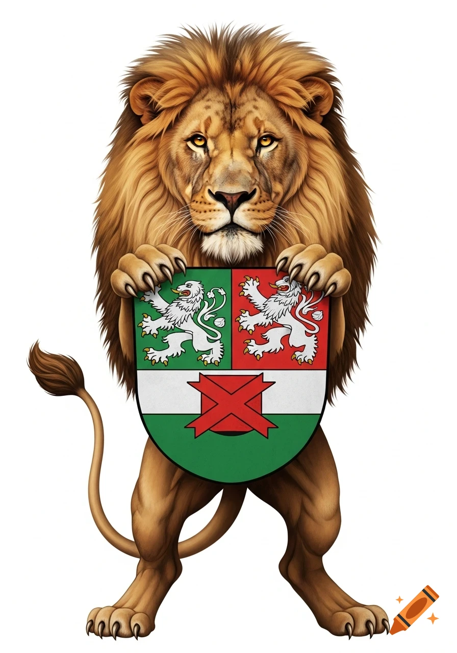A realistic lion stands upright, holding a shield with two white lions and a red 'X' on green and red fields.