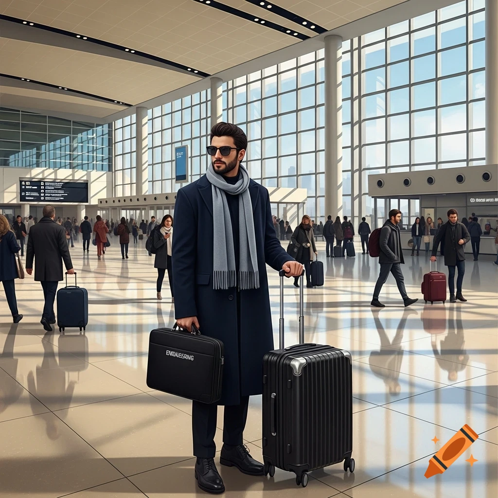A stylish man in a dark coat and scarf stands in a brightly lit airport terminal, holding an engineering briefcase and a black suitcase, looking to the side. Other travelers are in the background.