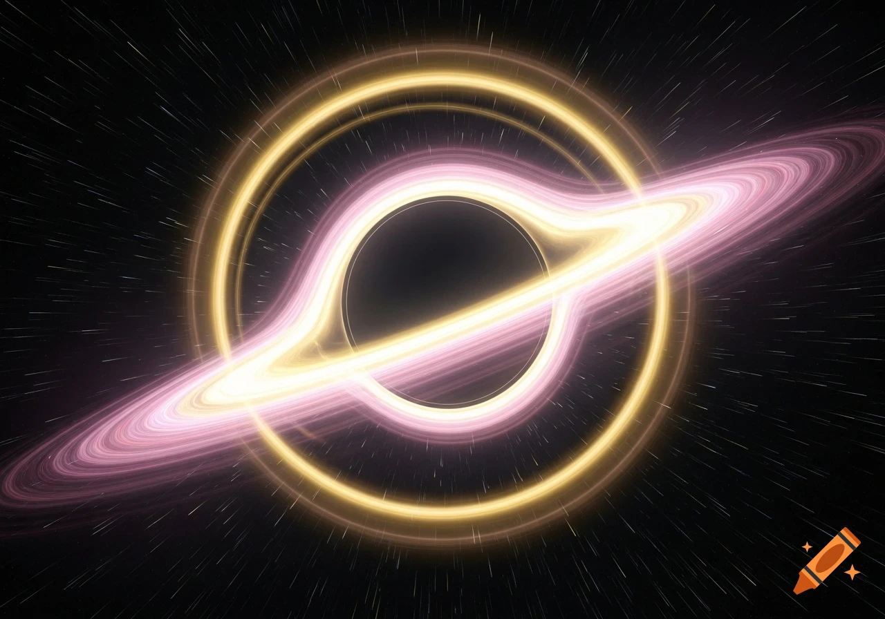 A black hole with glowing pink and yellow accretion rings surrounded by streaking stars against a dark background.