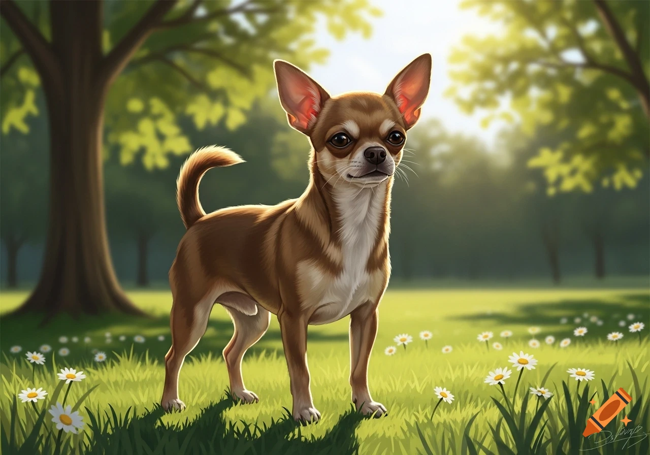 A brown and white chihuahua stands in a sunny grassy field with white daisies and trees in the background, digital painting.