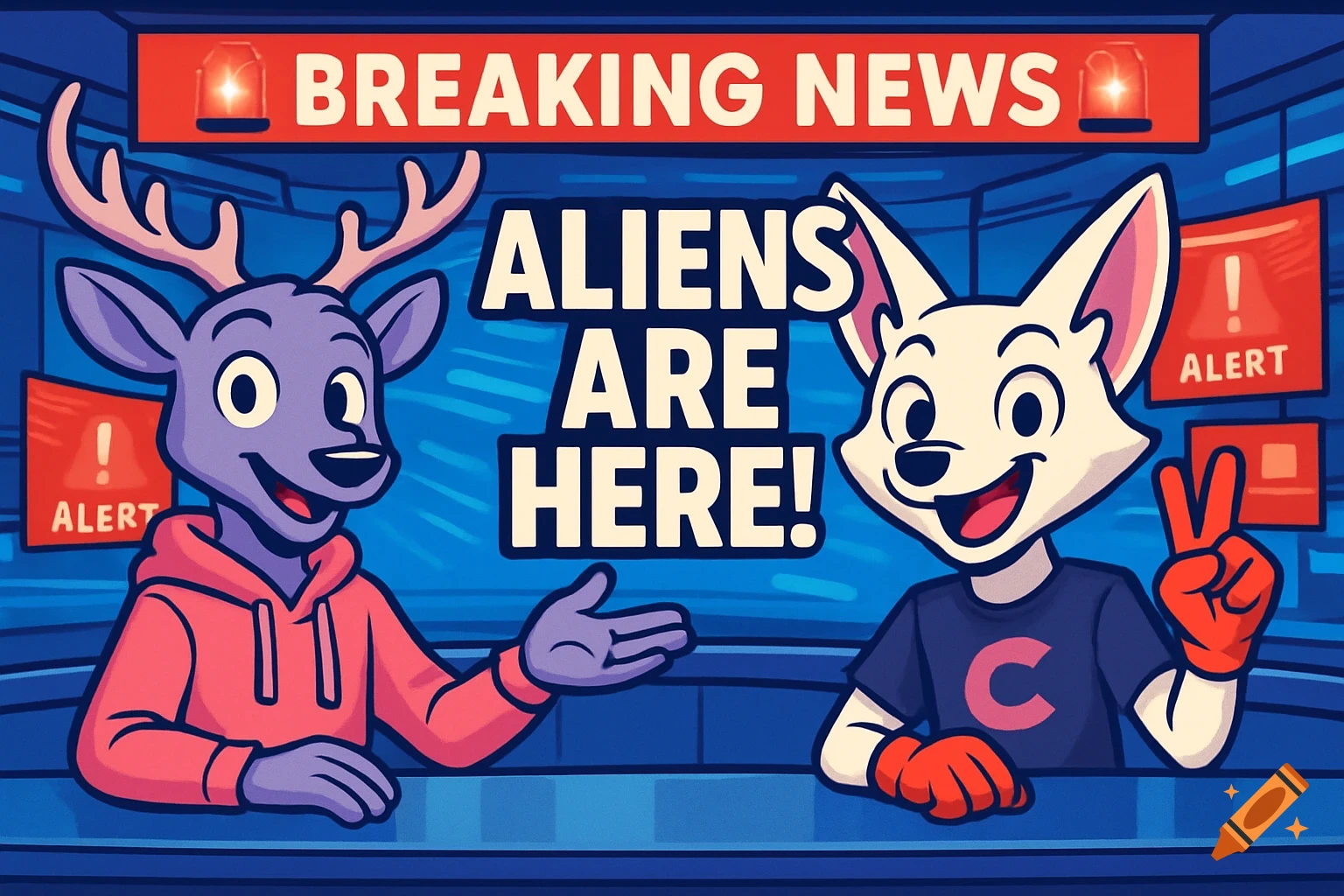 Cartoon animal news anchors, a deer and a fox, report 'BREAKING NEWS ALIENS ARE HERE!' from a news desk.