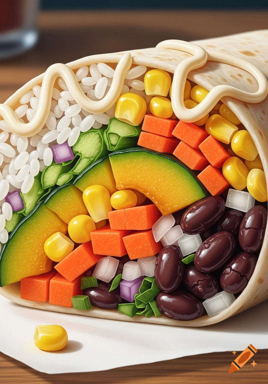 A vibrant, stylized close-up of a burrito cut open, showing layers of white rice, yellow corn kernels, orange chopped carrots, green avocado slices, brown beans, purple and white onion pieces, and a creamy white sauce drizzled on top.