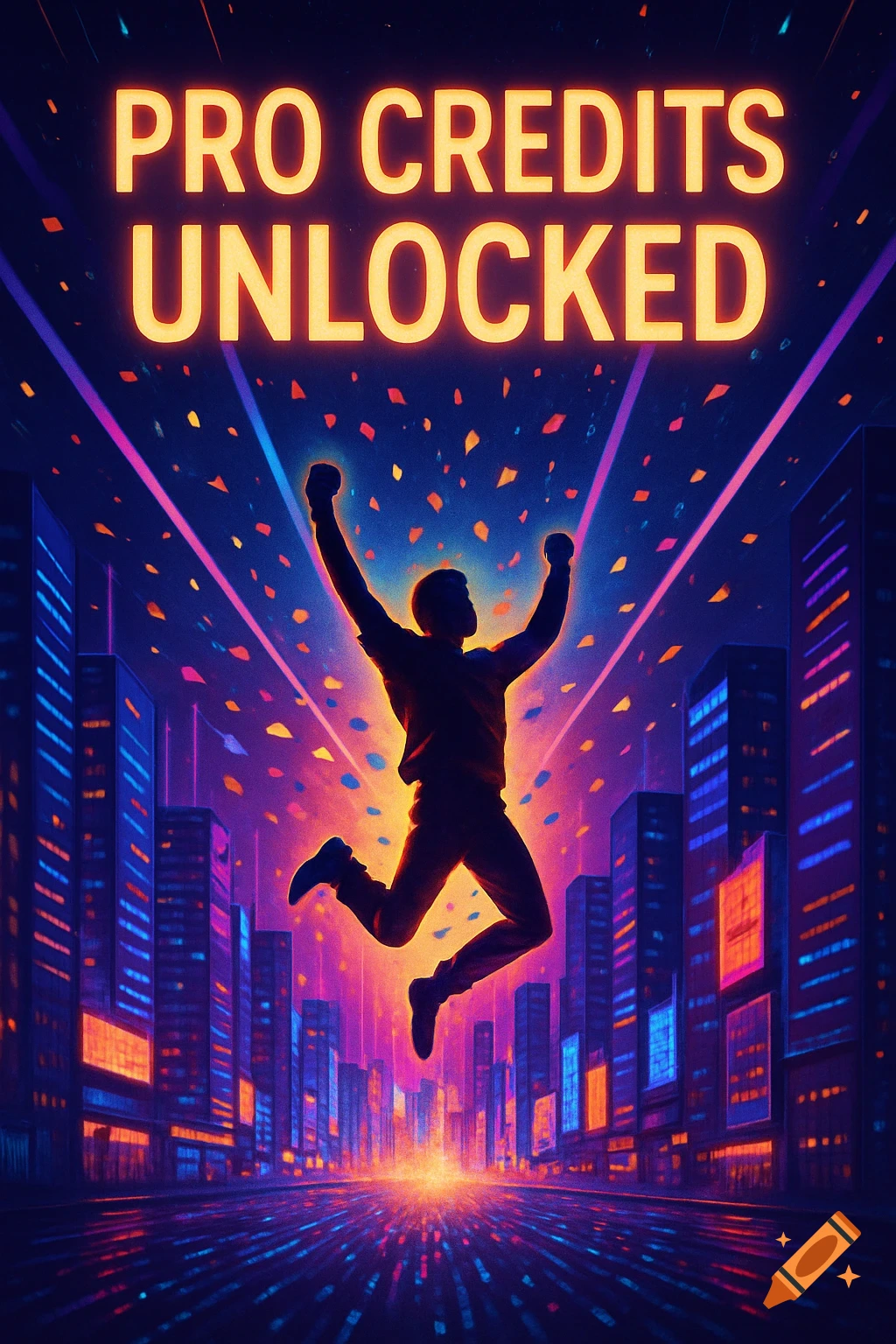 A silhouette of a person jumping in celebration against a vibrant neon cityscape with falling confetti, under the text "PRO CREDITS UNLOCKED".
