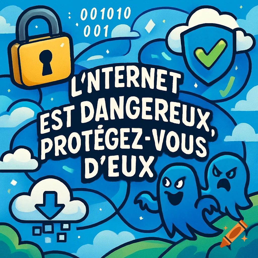 Cartoon cybersecurity illustration with a lock, shield, cloud, binary code, and two blue ghosts. French text on internet safety.