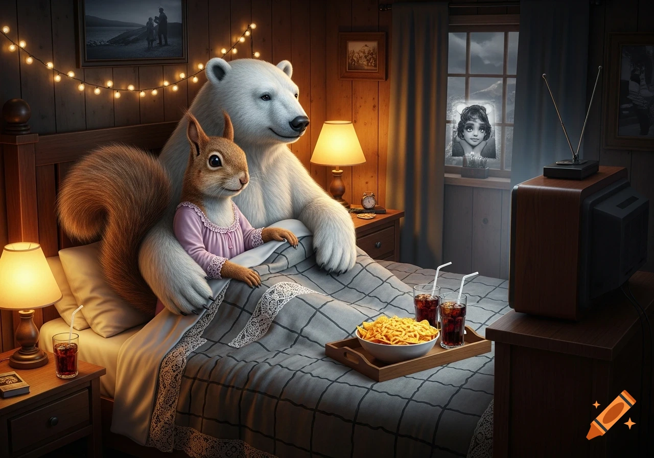 A photorealistic image of a squirrel and a polar bear lying in bed, watching TV, and eating nachos and cola in a cozy bedroom.