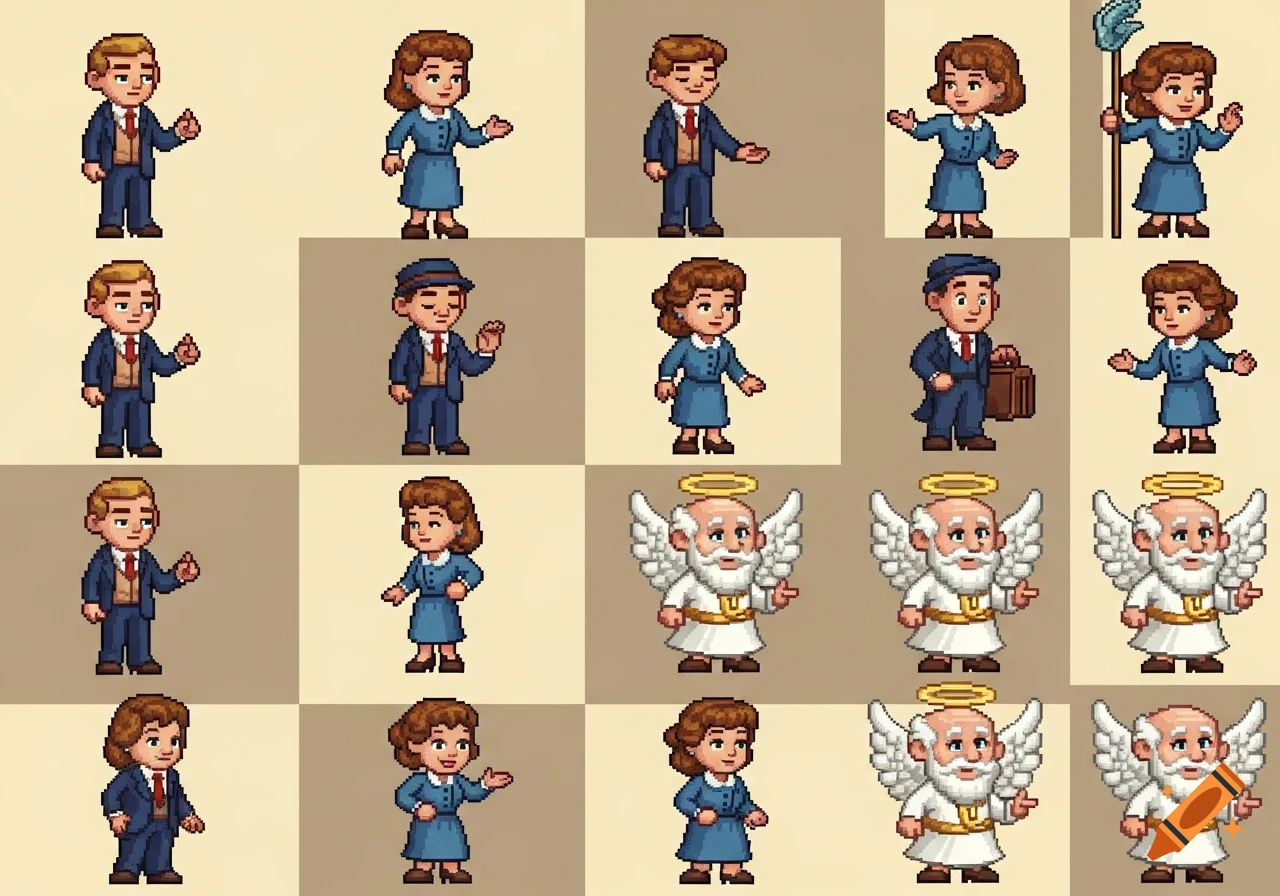 A 16-bit SNES style pixel art sprite sheet featuring men and women in various poses, including an angel character.