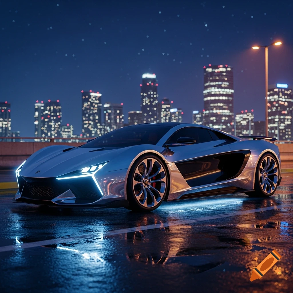 A sleek silver sports car with glowing headlights on a wet city street at night, with a blurred skyline in the background.