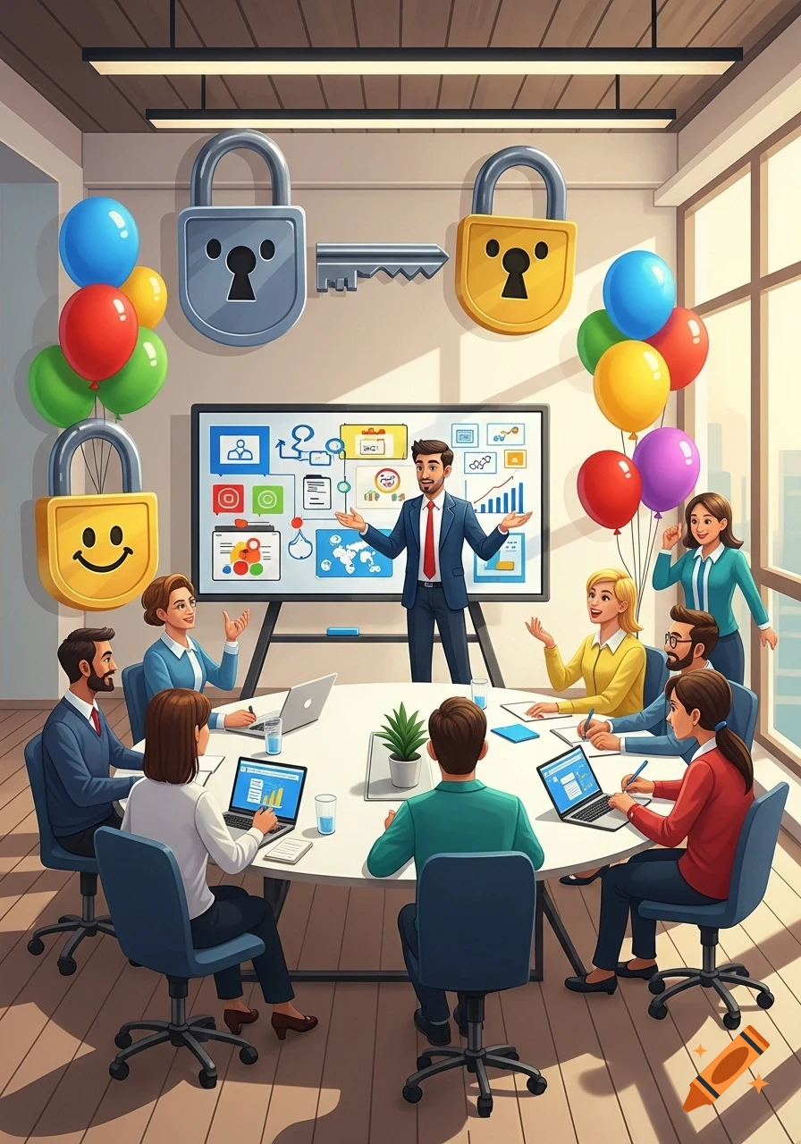 An animated office meeting where a man presents a data protection diagram on a whiteboard to colleagues, surrounded by locks and balloons.