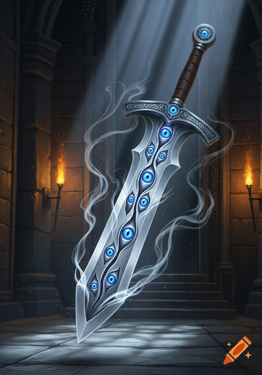 A fantasy sword with multiple glowing blue eyes on its blade, surrounded by smoke, in a dark stone chamber lit by torches and a light beam.
