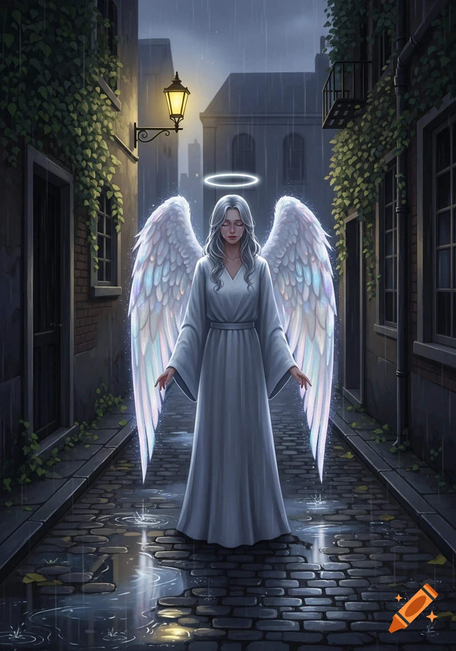 A sad angel with iridescent wings and a halo stands on a rainy cobblestone street under a glowing street lamp.