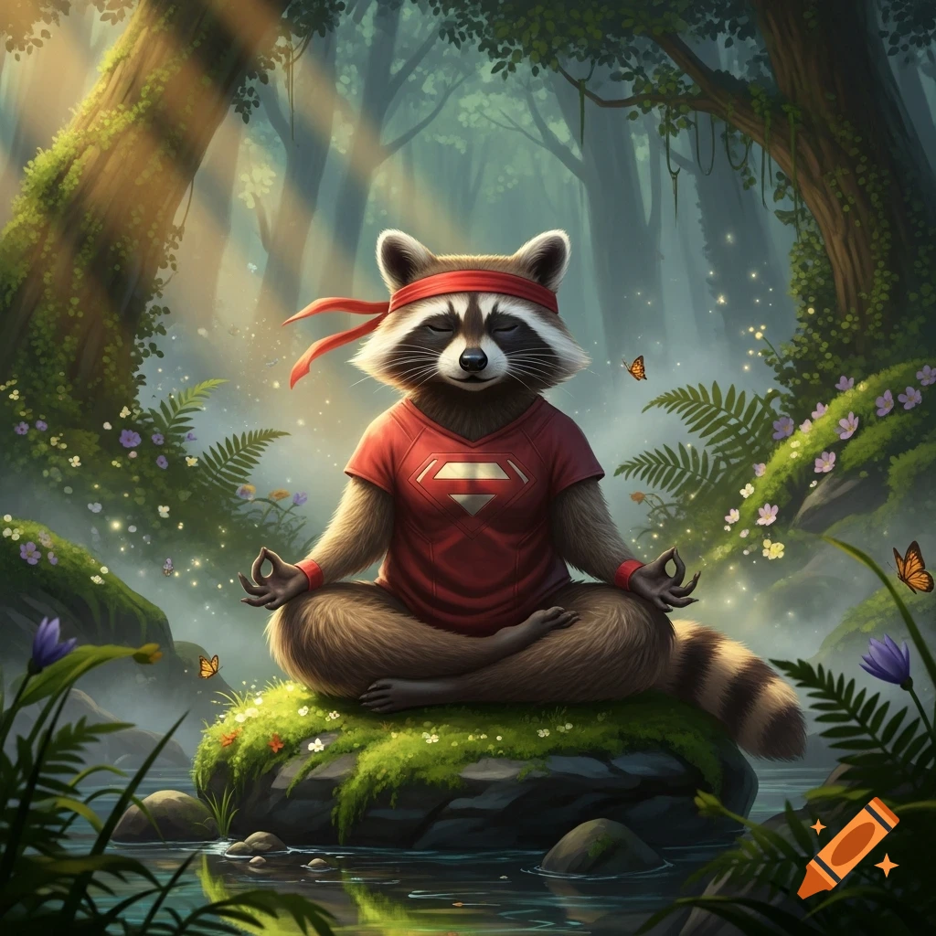 A cartoonish raccoon wearing a red headband and a red t-shirt with a Superman logo meditates in a peaceful, sun-dappled forest, sitting cross-legged on a mossy rock amidst glowing fireflies and butterflies.