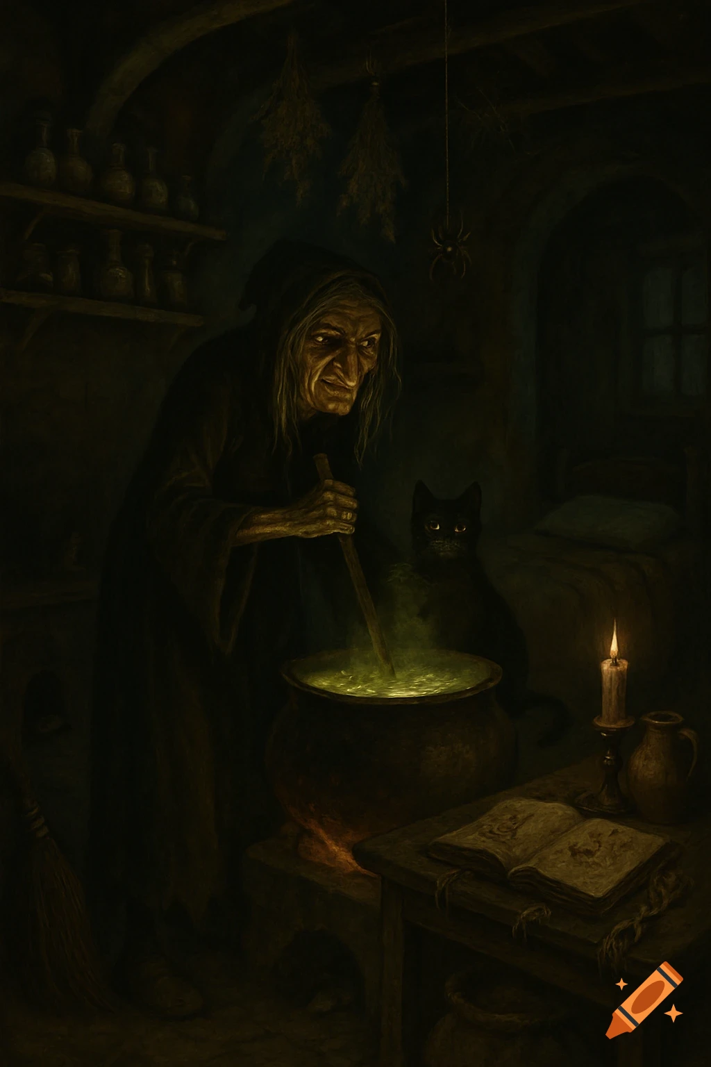 An old witch in a dark, dimly lit cabin stirs a green bubbling cauldron, a black cat sitting beside her, with shelves of potions and a spellbook on a table.