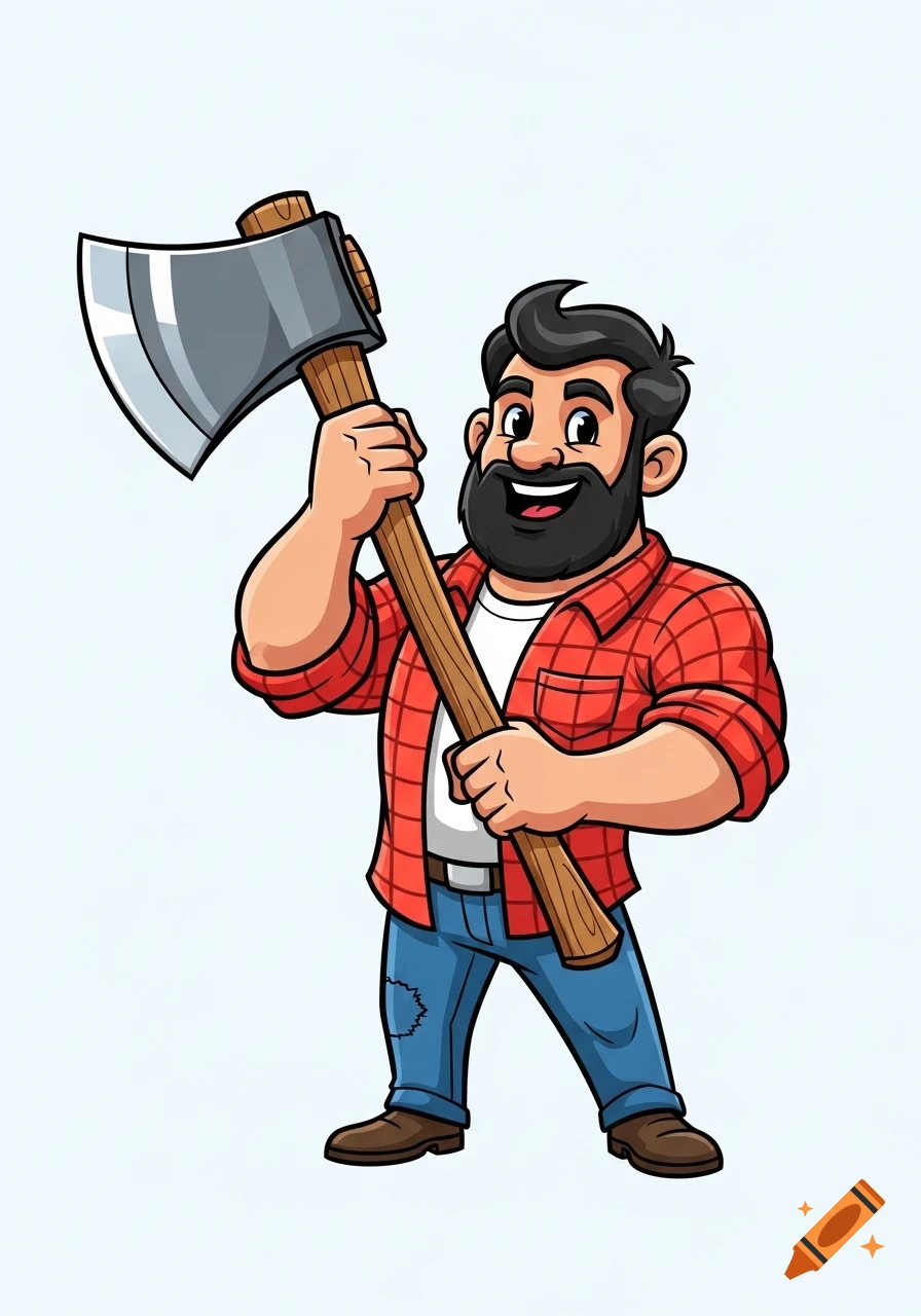 A smiling cartoon man with a beard, wearing a red plaid shirt and jeans, holding an axe.
