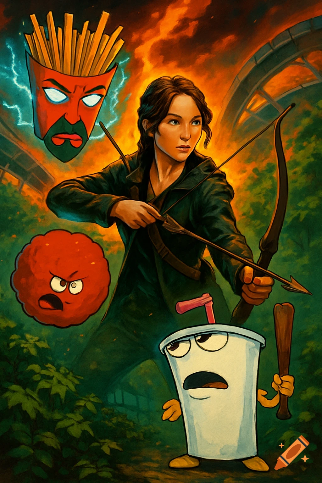 Katniss Everdeen with a bow and arrow alongside Frylock, Meatwad, and Master Shake in a post-apocalyptic landscape with fiery skies.